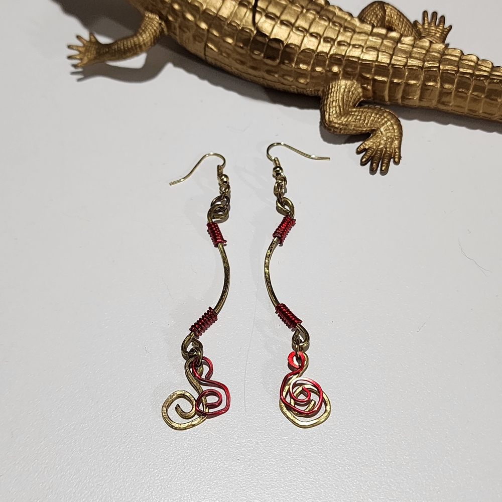 Artistic Gold and Red Swirl Earrings